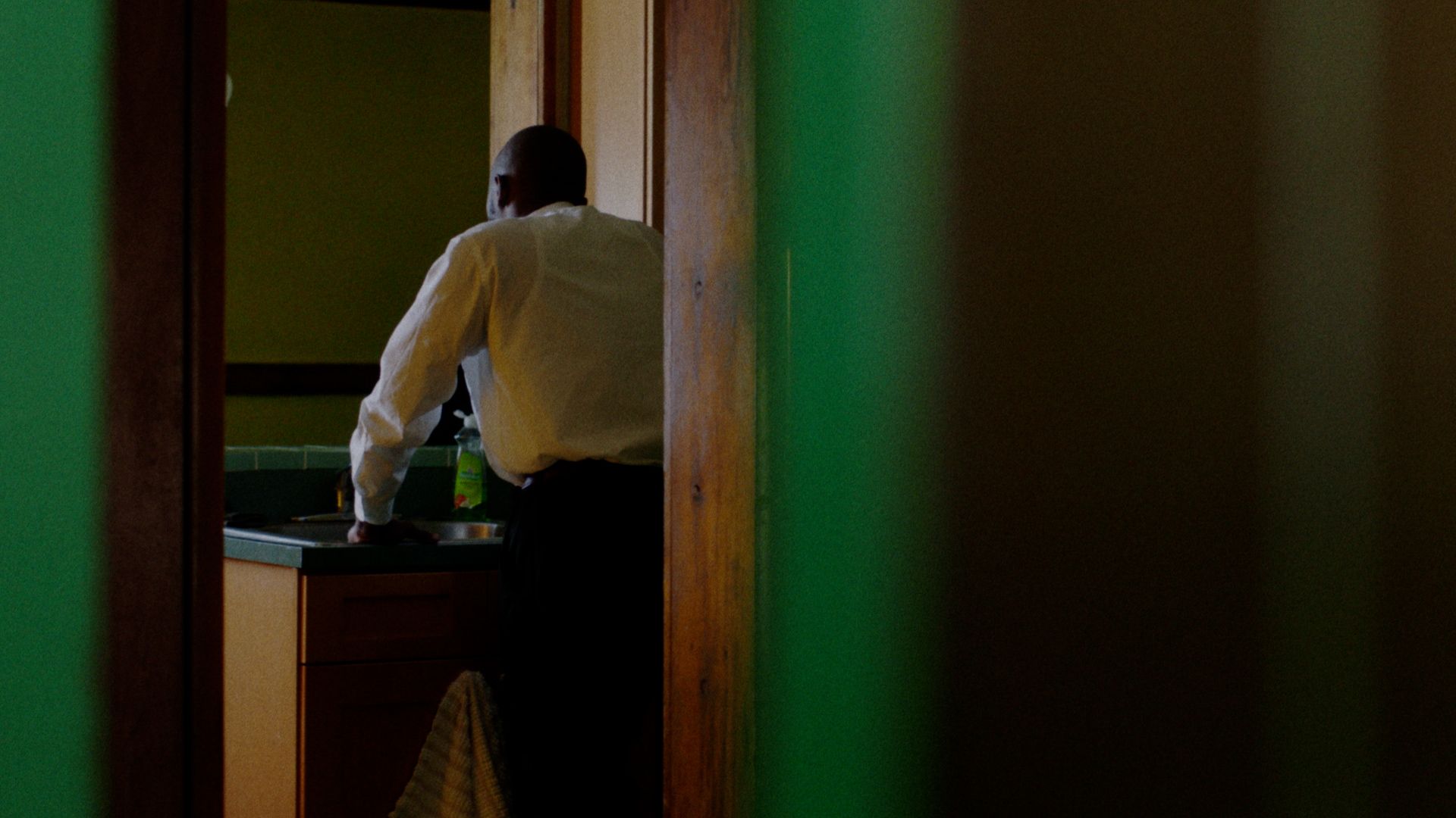A man leans on a kitchen counter, seen through a doorway past a green wall.
